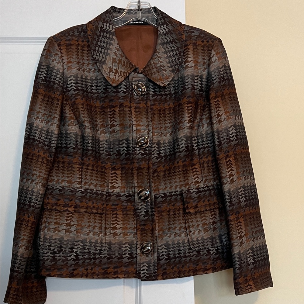 Ellen Tracy Chic Silver and Brown Houndstooth Blazer